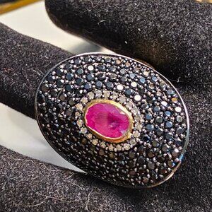 Rarities Carol Brodie Ruby, Diamond, Black Spinel Oval Shield Vermeil Ring siz 8